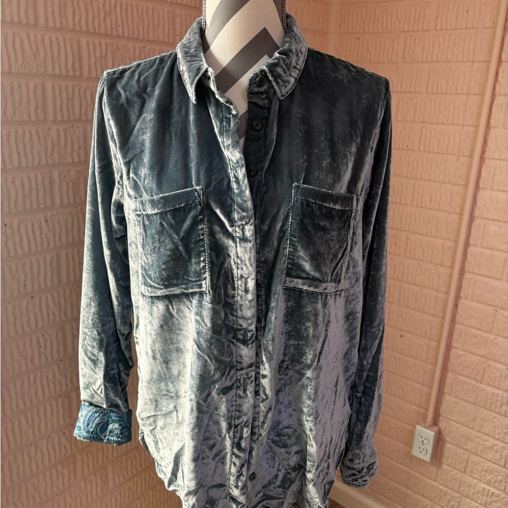 Pilcro Anthropologie Velvet Button Down Tunic Shirt Blue Gray Paisley Size 8 NWT